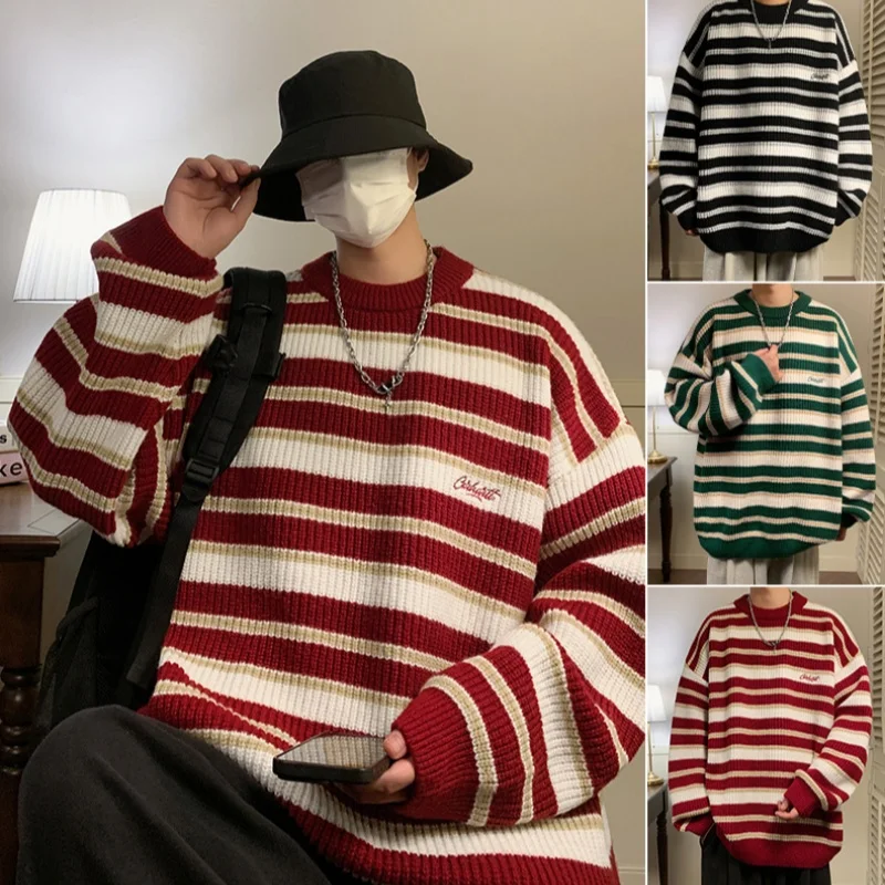 Korean Style Retro Striped Sweater Men Women Loose Fit Knit Pullover Casual Vintage Crew Neck Warm Autumn Winter Top