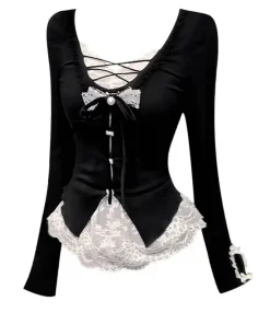 Women Korean Fashion Coquette Shoujo Girl Ballet Core Top Set 2000s Aesthetic T-Shirt Long Sleeve Tee Gyaru Design Vintage - Image 5