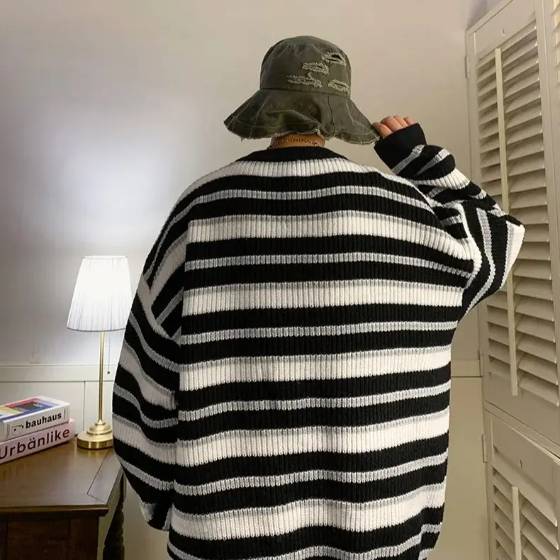 Korean Style Retro Striped Sweater Men Women Loose Fit Knit Pullover Casual Vintage Crew Neck Warm Autumn Winter Top - Image 6