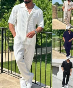 New Men's Commuter Set, Casual Button-Up Short Sleeve Shirt & Long Pants, Trendy Two-Piece Outfit for Men