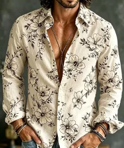 Alternative view of New yellow green contrasting flower and peace symbol printed shirt, retro bohemian style men's long sleeved shirt
