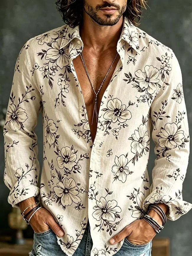 New yellow green contrasting flower and peace symbol printed shirt, retro bohemian style men's long sleeved shirt - Image 2