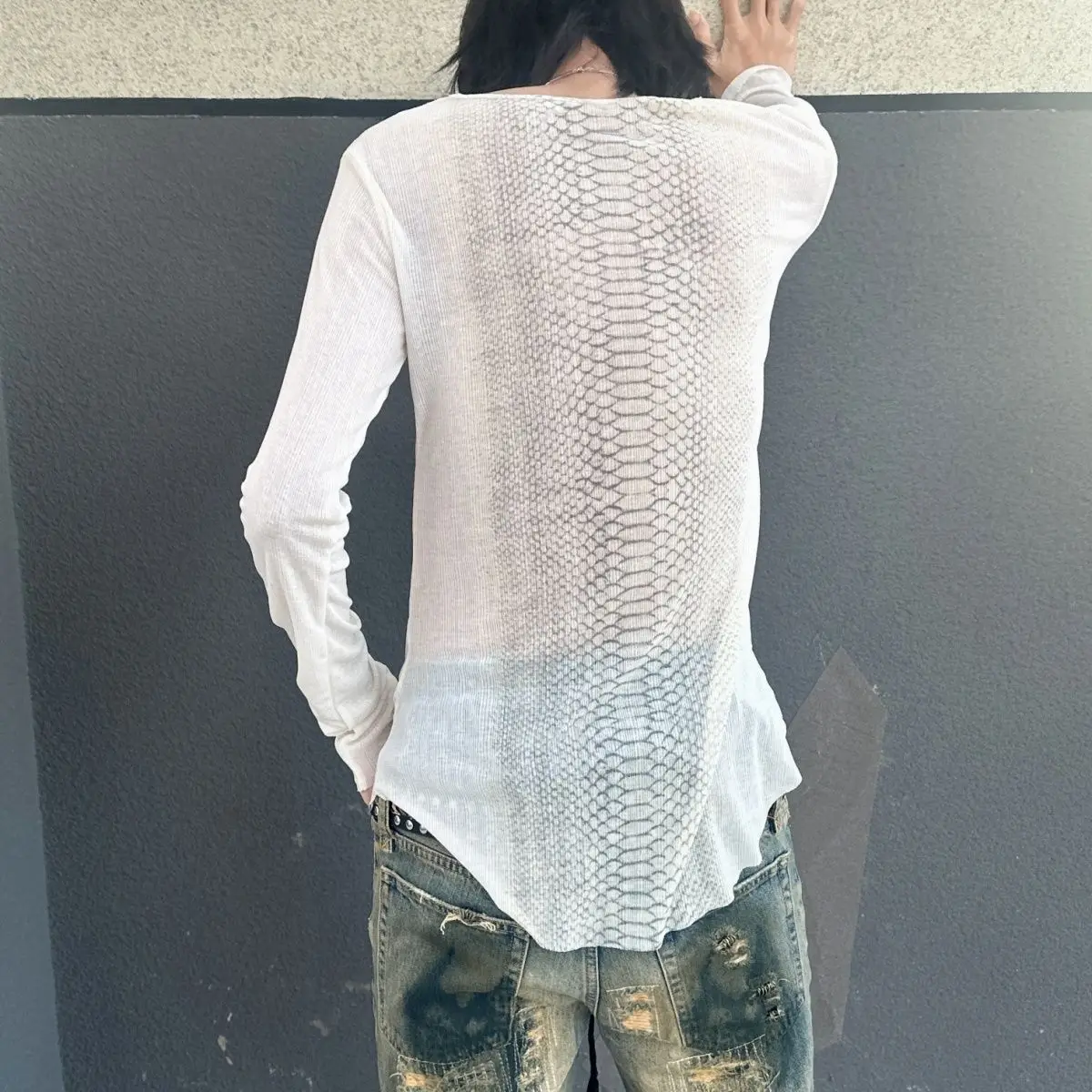 Subculture Vintage Retro Early Visual Style Punk Rock Personality Avant-Garde Python Print Long-Sleeve T-Shirt Top - Image 3