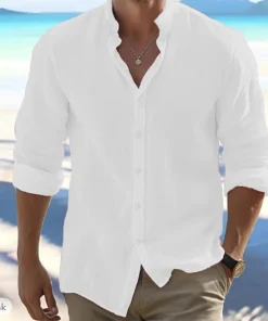 Cotton Linen Hot Sale Men's Long-Sleeved Shirts Summer Solid Color Stand-Up Collar Casual Beach Style Plus Size - Image 3