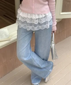 Korean Fashion Lace Irregular Skirt Curtain White Flowers Lace Mesh Halfbody Skirt Women Summer Bottoms Jeans Decorative Hemline