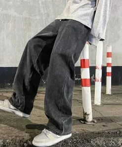 Fashion Men's Solid Color Drape Jeans Loose Straight Korean Vintage High Street Hip-hop Y2K Casual Daily Dragging Wide-leg Pants
