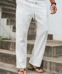 Summer New Linen Straight-Cut Leisure Pants for Men, Breathable Lightweight Beach-Style Cotton-Linen Long Pants - Image 5