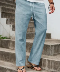 Summer New Linen Straight-Cut Leisure Pants for Men, Breathable Lightweight Beach-Style Cotton-Linen Long Pants - Image 3