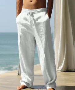 Summer New Linen Elastic Drawstring Wide-Leg Pants for Men - Beach Vacation Drapey Breathable Cotton Linen Straight Leisure Long - Image 3