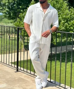 Alternative view of New Men's Commuter Set, Casual Button-Up Short Sleeve Shirt & Long Pants, Trendy Two-Piece Outfit for Men