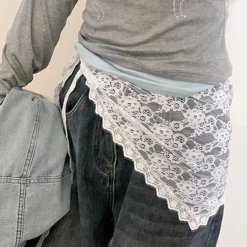 Korean Fashion Lace Irregular Skirt Curtain White Flowers Lace Mesh Halfbody Skirt Women Summer Bottoms Jeans Decorative Hemline - Image 6