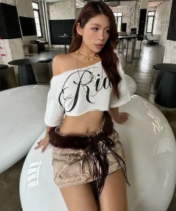 Alternative view of Nibber Loose Letter Print Mini t-Shirt Women Summer Trend Biased Collar Versatile Street Skinny Simple Classic Party Daily Tops