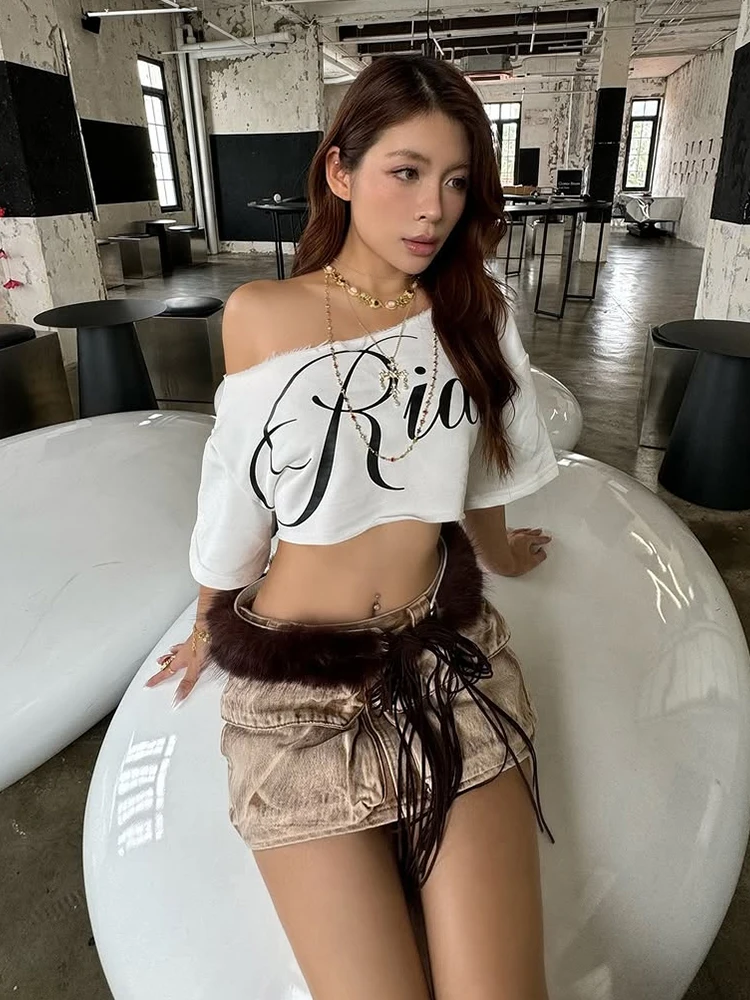Nibber Loose Letter Print Mini t-Shirt Women Summer Trend Biased Collar Versatile Street Skinny Simple Classic Party Daily Tops - Image 2