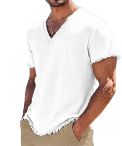 Alternative view of 2026 Men's Summer Shirt Men's Retro V-Neck Cotton Linen Shirt Hawaii Casual Short Sleeve Beach Tops Outdoor Vacation Shirt