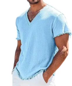 2026 Men's Summer Shirt Men's Retro V-Neck Cotton Linen Shirt Hawaii Casual Short Sleeve Beach Tops Outdoor Vacation Shirt