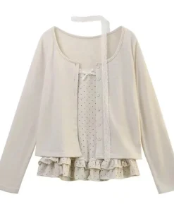 Women Korean Fashion Coquette Shoujo Girl Ballet Core Top Set 2000s Aesthetic T-Shirt Long Sleeve Tee Gyaru Design Vintage