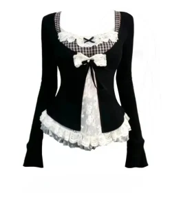 Women Korean Fashion Coquette Shoujo Girl Ballet Core Top Set 2000s Aesthetic T-Shirt Long Sleeve Tee Gyaru Design Vintage - Image 6
