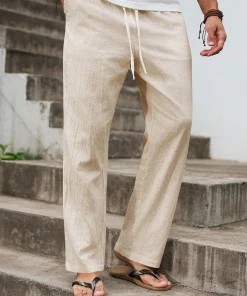 Summer New Linen Straight-Cut Leisure Pants for Men, Breathable Lightweight Beach-Style Cotton-Linen Long Pants