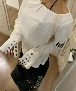 Alternative view of Tonngirls American Retro Print T-shirt Women Long Sleece Button Graphic Tops Y2k Tops 2000s Japanese Grunge Tops E-girls Autumn