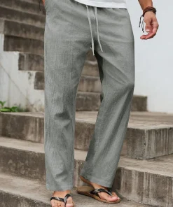 Alternative view of Summer New Linen Straight-Cut Leisure Pants for Men, Breathable Lightweight Beach-Style Cotton-Linen Long Pants
