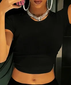 Solid Color Round Neck Short Sleeved T-Shirt Comfortable Elasticity Exposed Navel All Season Women'S Clothing Aesthetic Clothes - Image 3