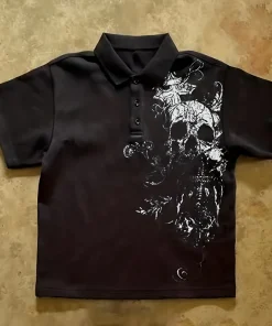 Vintage Skull Pattern Y2K Polo Shirt | Retro American Street Style, Short Sleeve, Loose Fit, Regular Length Placket All-Season