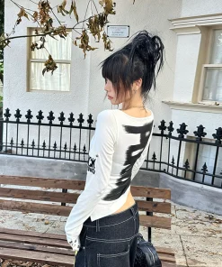 Tonngirls American Retro Print T-shirt Women Long Sleece Button Graphic Tops Y2k Tops 2000s Japanese Grunge Tops E-girls Autumn - Image 5