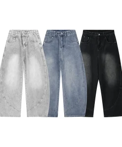 2026 Autumn Men Curved Seam Baggy Jeans Vintage Wash High Waist American Street Wide Leg Denim Pants