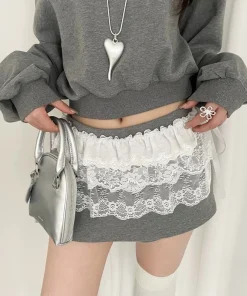 Korean Fashion Lace Irregular Skirt Curtain White Flowers Lace Mesh Halfbody Skirt Women Summer Bottoms Jeans Decorative Hemline - Image 4