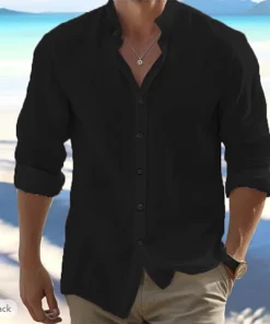 Cotton Linen Hot Sale Men's Long-Sleeved Shirts Summer Solid Color Stand-Up Collar Casual Beach Style Plus Size - Image 4